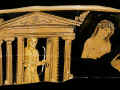 Amsterdam, Museo Allard Pierson. Frammento di cratere attribuito al pittore della Nascita di Dioniso, Apollo dinanzi al suo tempio. Da Taranto, fine V - inizi IV sec. a.C.