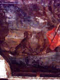 Palazzo Pantaleo, secondo piano. Particolare di una grande tela inchiodata su un controsoffitto ligneo, attribuita a Domenico Carella. Il dipinto è ciò che resta dopo i danni dovuti all'umidità